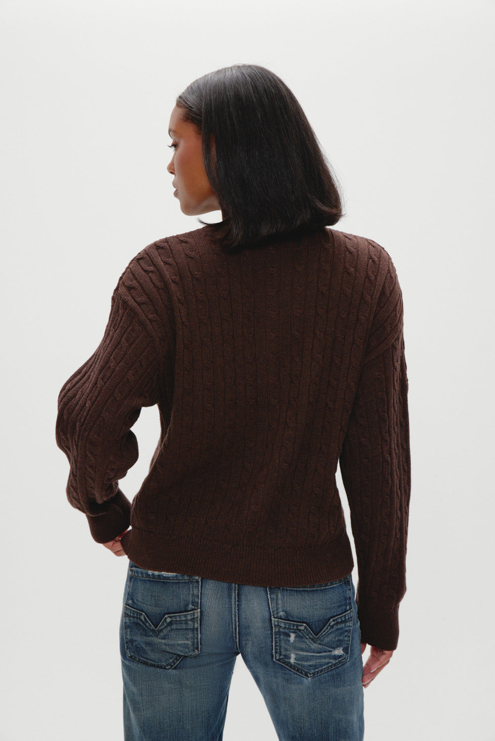 Bea Cable Knit Zip Up Sweater - Chocolate Brown - Image 4
