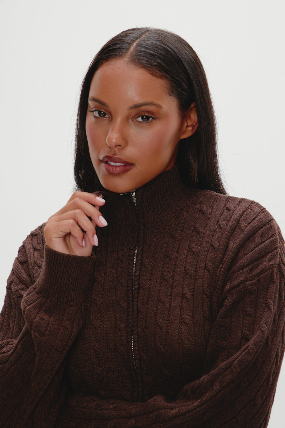 Bea Cable Knit Zip Up Sweater - Chocolate Brown - Image 2
