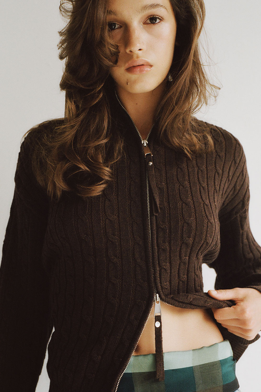 Bea Cable Knit Zip Up Sweater - Chocolate Brown - Image 5
